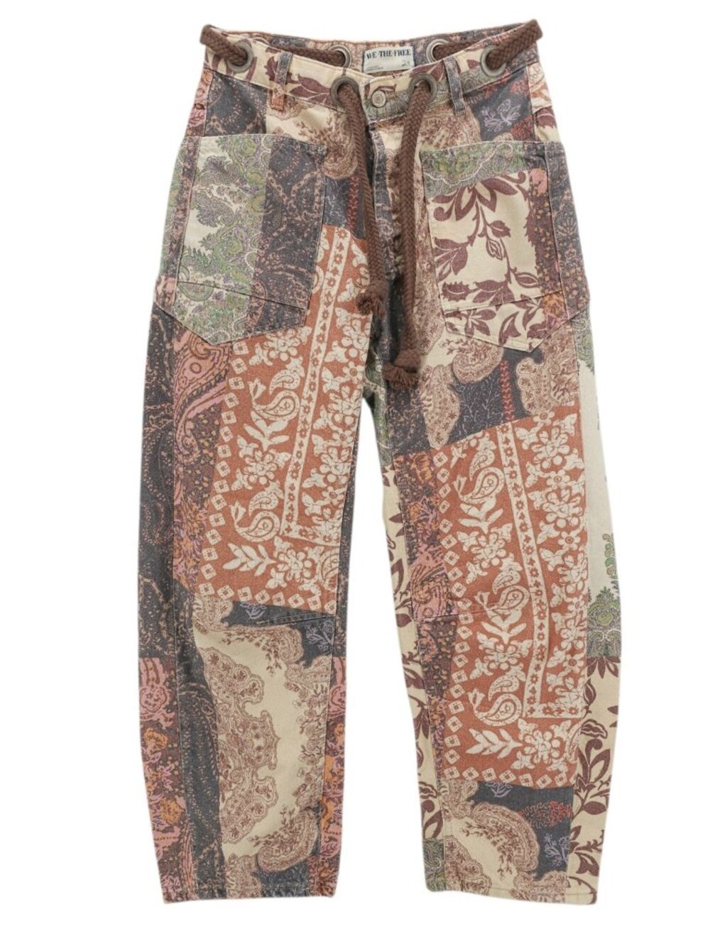 FREE PEOPLE Moxie Low Slung Printed Barrel Jeans Patchwork Paisley Boho Size 24